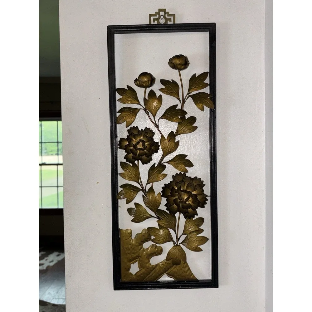 VTG Brass Metal MCM 3D Floral Wall Plaques Set Of 2 Wood Frame Hanging 20